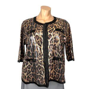 Michael Simon Womens Plus Leopard Print Sequin Jacket Hook Front Closure size 2X